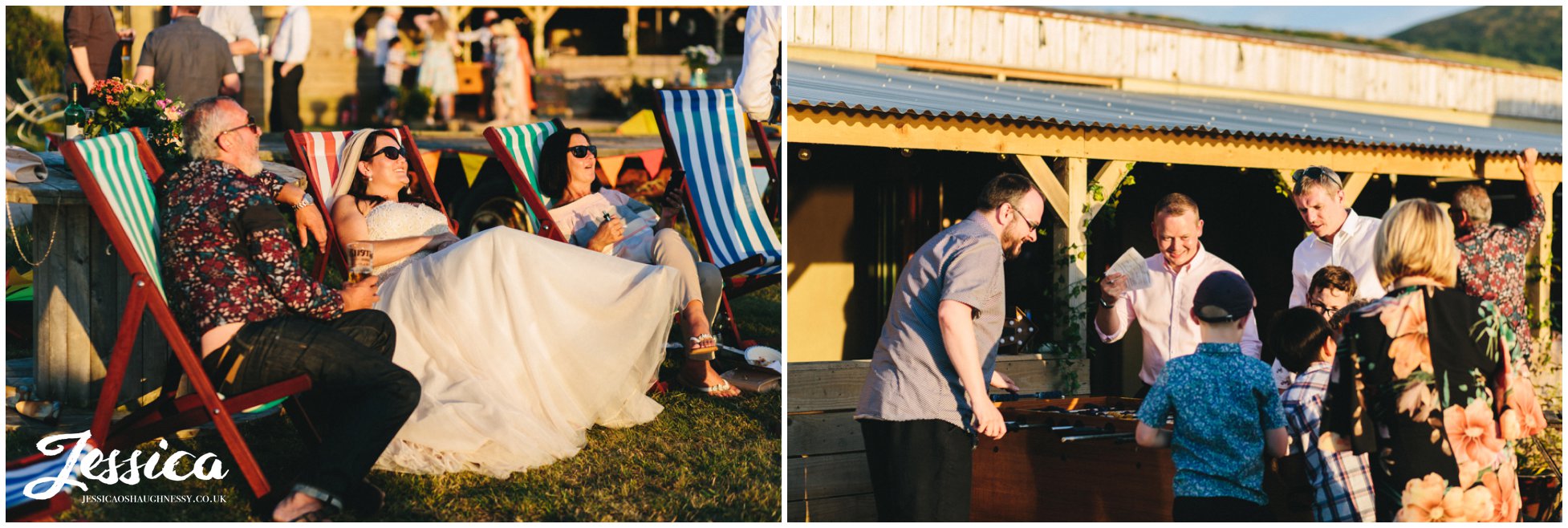 the bride chills out with her friends on the deck chair