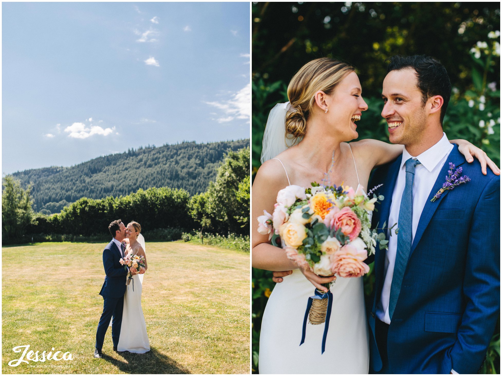 the bride & groom kiss in front of the welsh hills