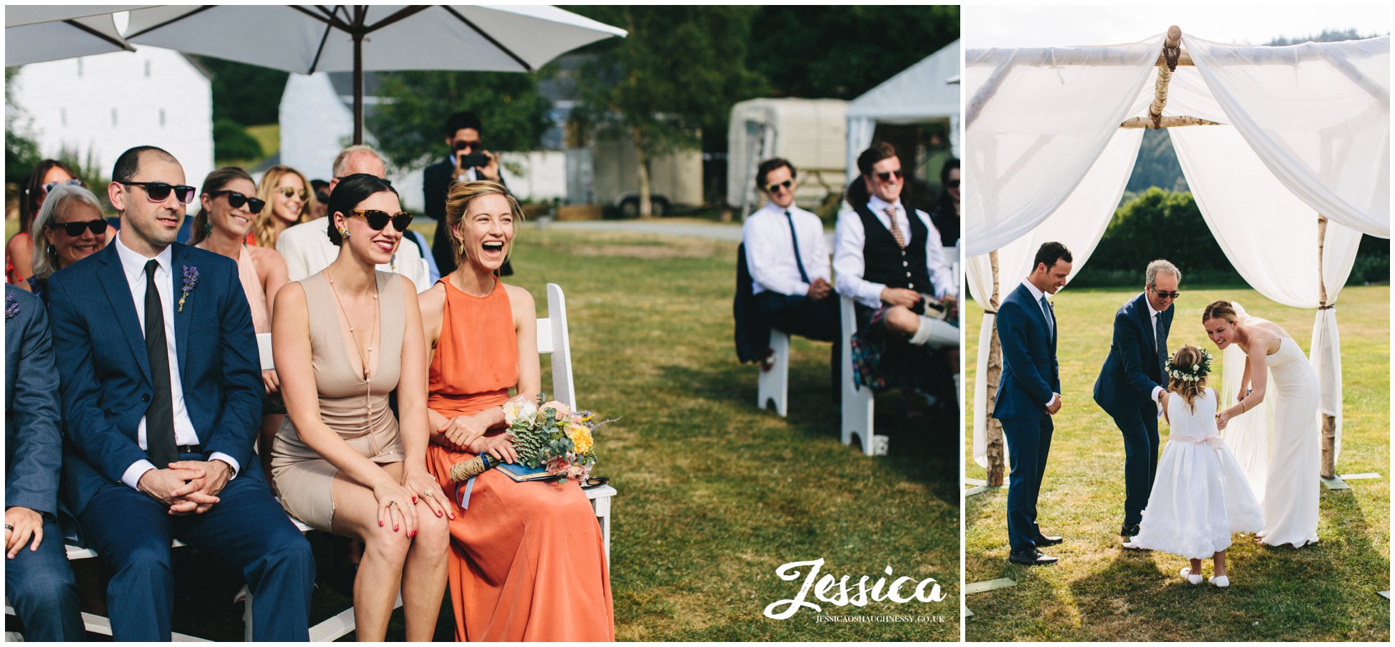 guests watch as the bride takes rings from the flower girl