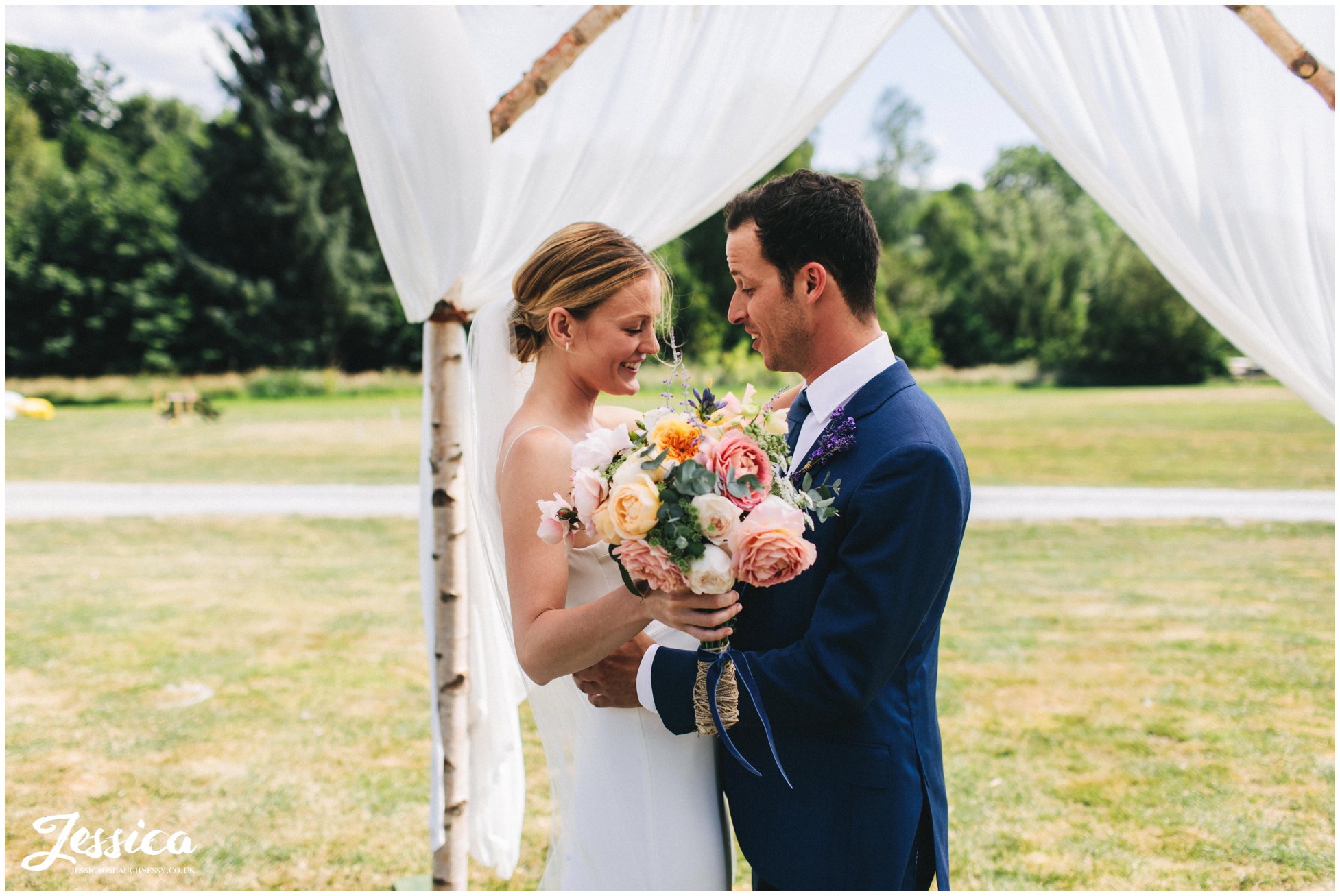 the couple embrace during their first look at hafod farm