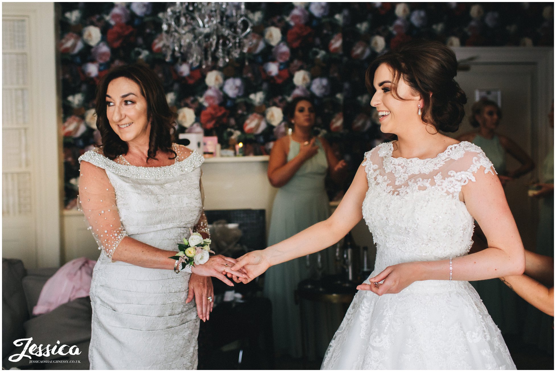 bride & her mother on the morning of the wedding at bartle hall