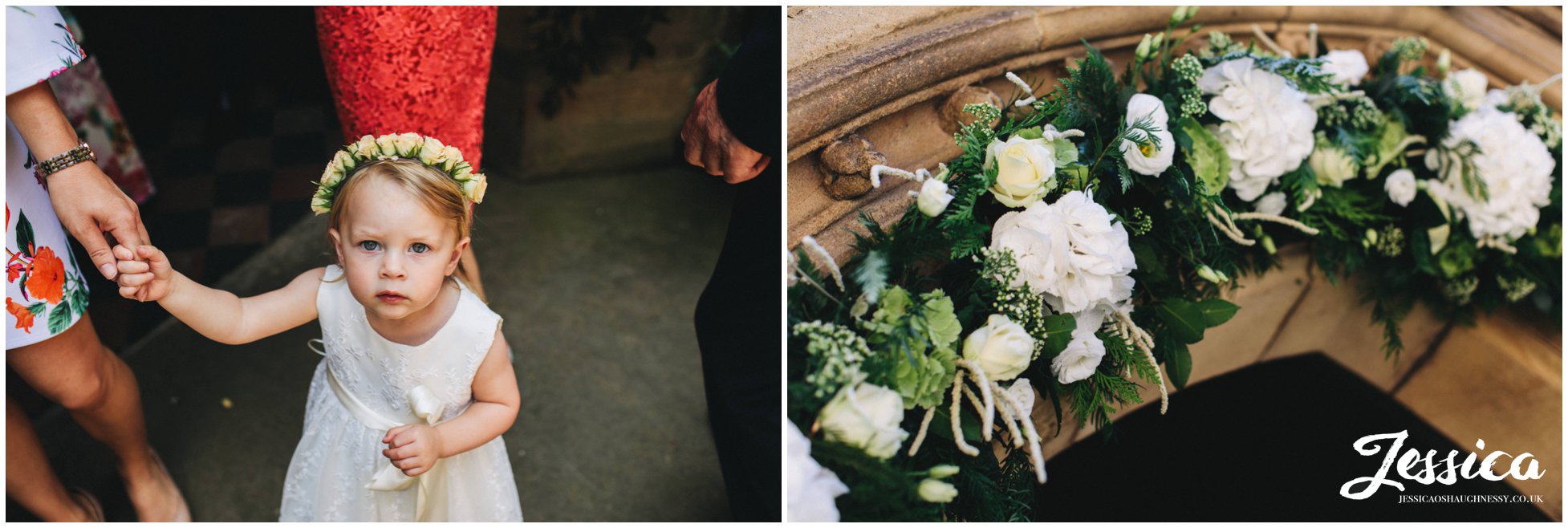 flower girl waits outside the church for the brides arrival