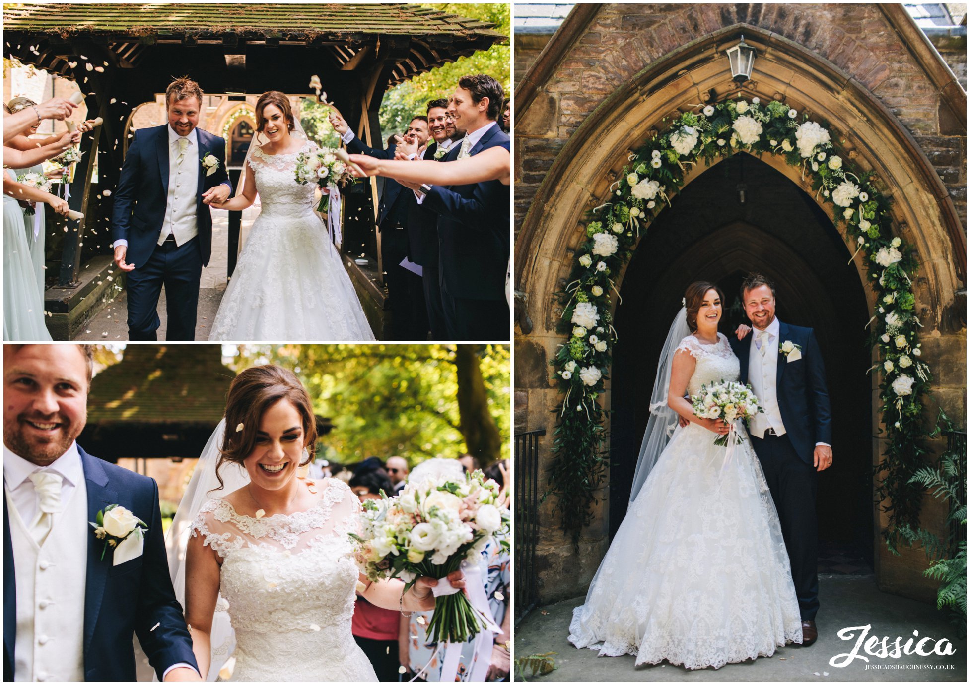 newly wed's stand on the church steps under a floral arch way