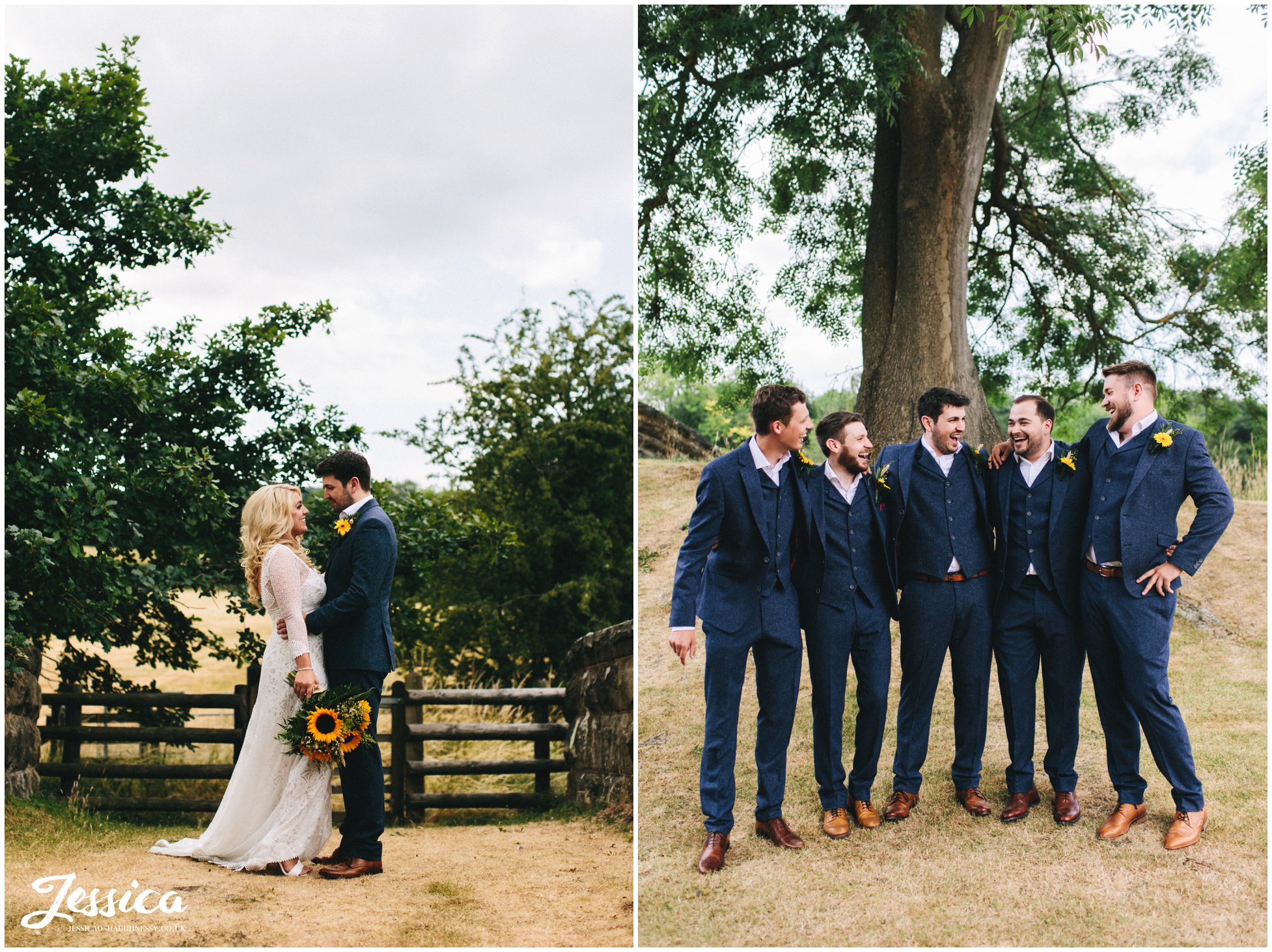 groomsmen laugh together in tower hill barns grounds