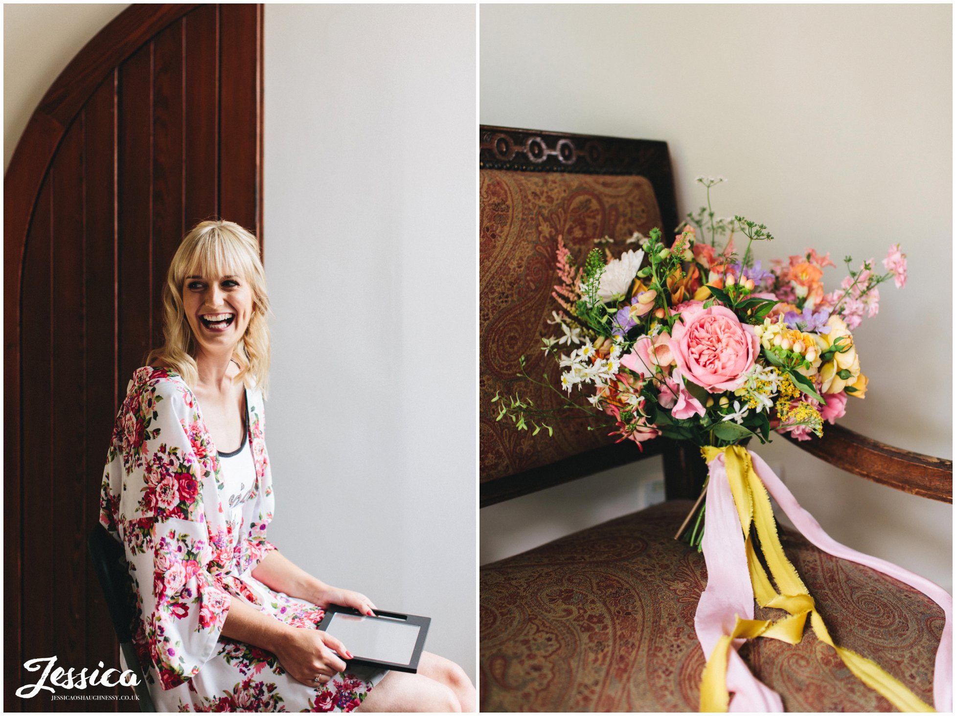 bride laughs as she gets her make up done for her cheshire wedding