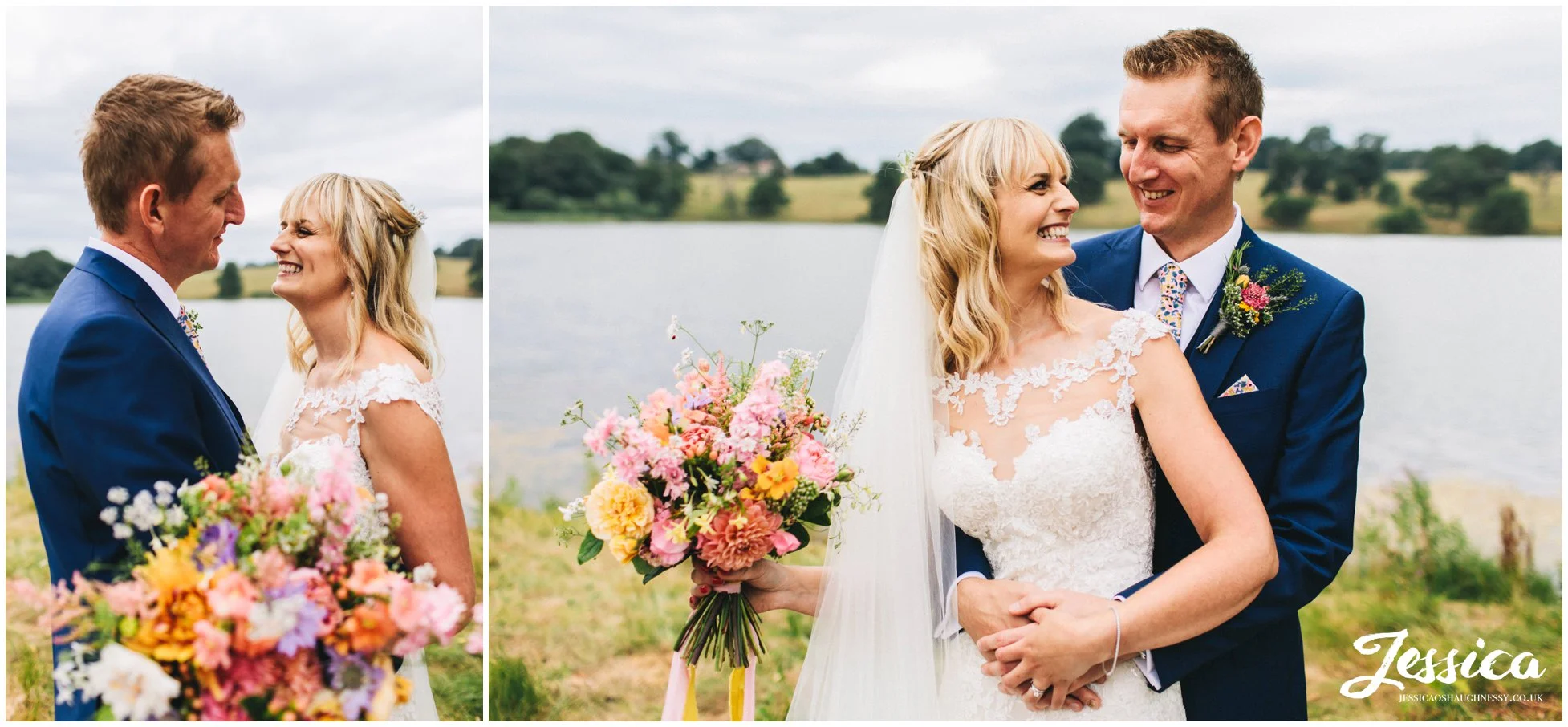 couple hug in front of the lake at combermere abbey after their wedding ceremony