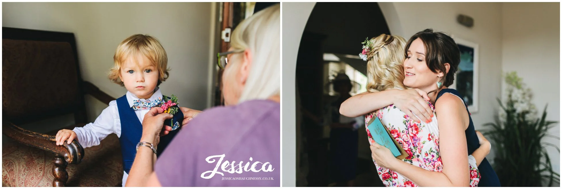 bridesmaid hugs the bride