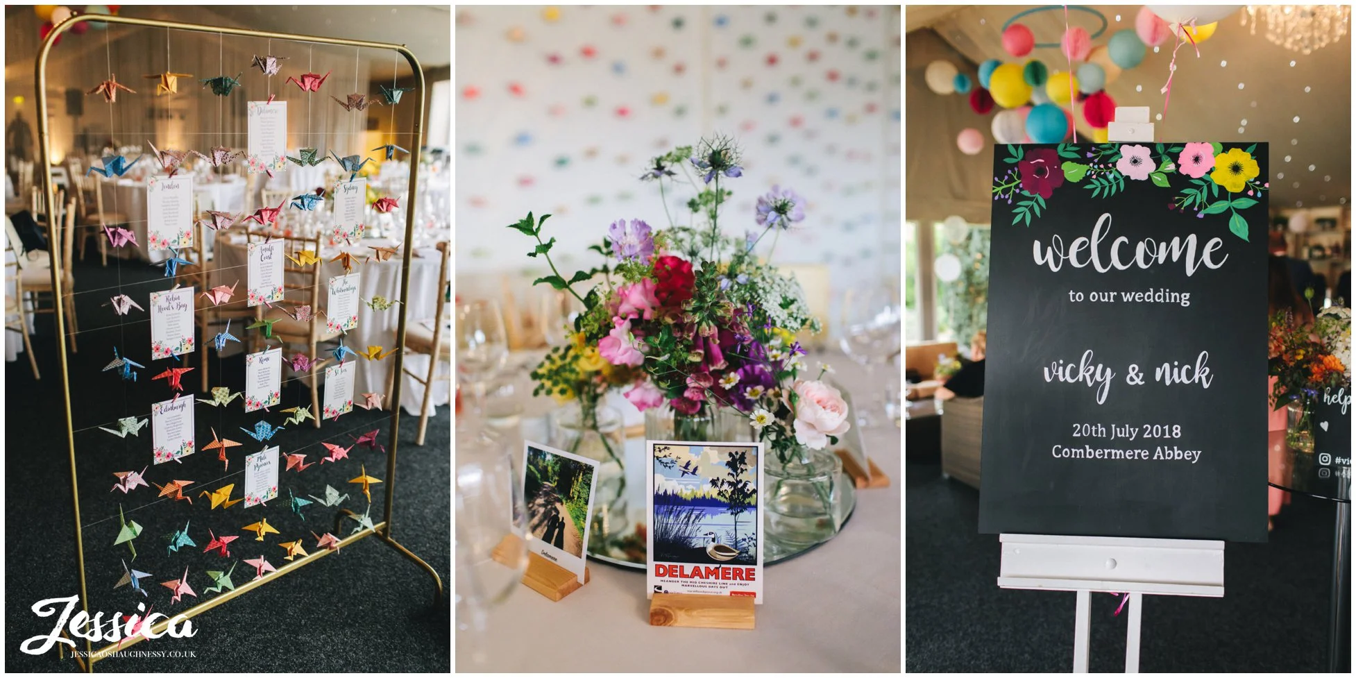 brightly coloured wedding details decorate the pavilion
