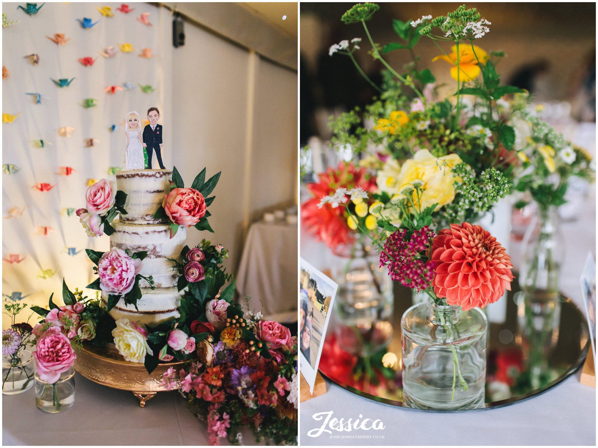 cake decorated with flowers & a personalised cake topper