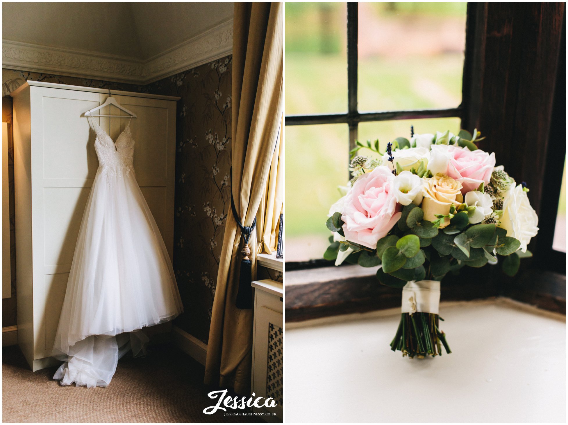 wedding dress and bridal bouquet in inglewood manor