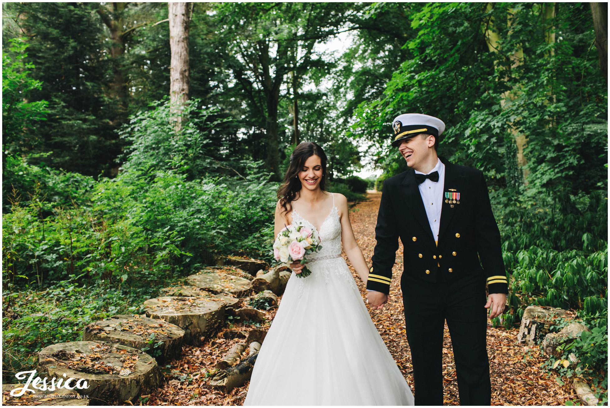 newly wed's walk holding hands