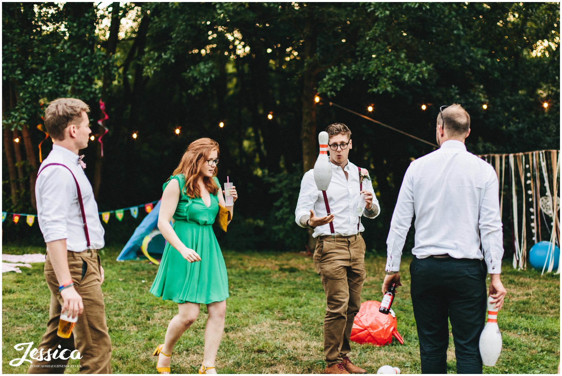 guests play with bowling pins during the reception in cheshire
