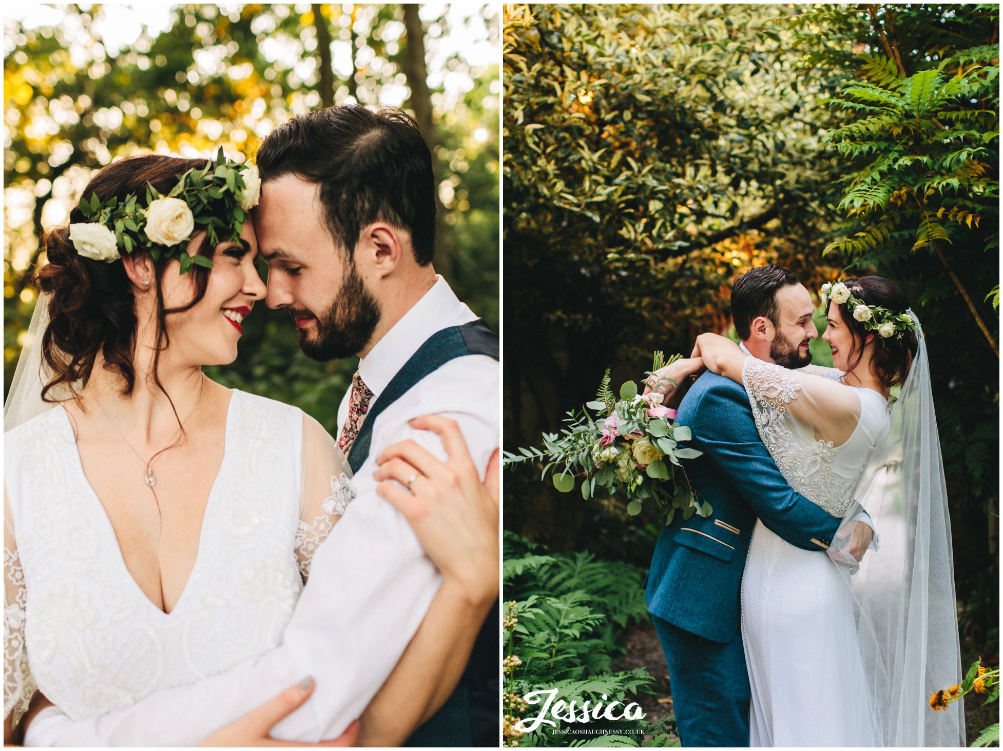 couple kiss in the woodland at their boho wedding