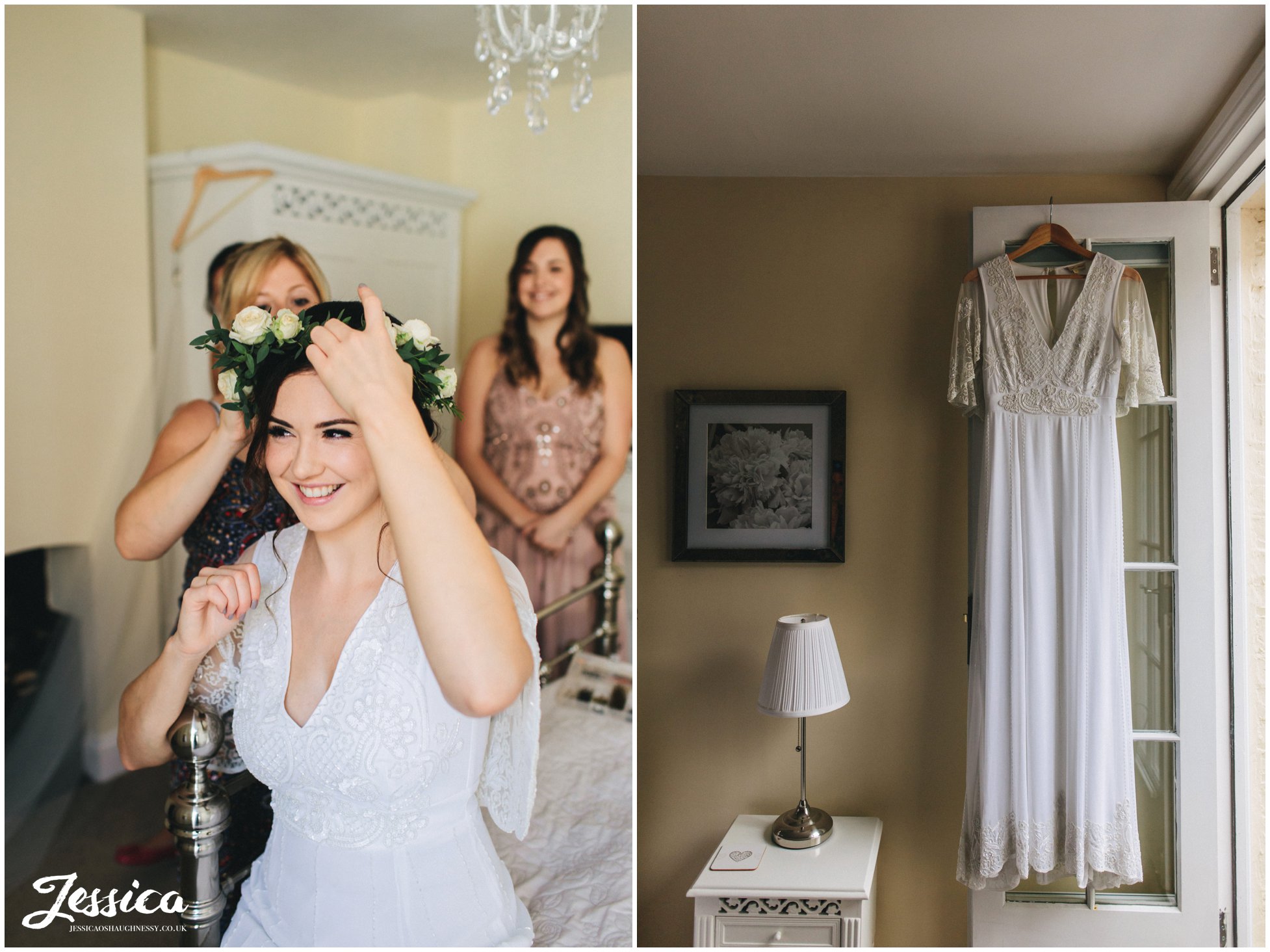 make-up artist places flower crown onto the brides head