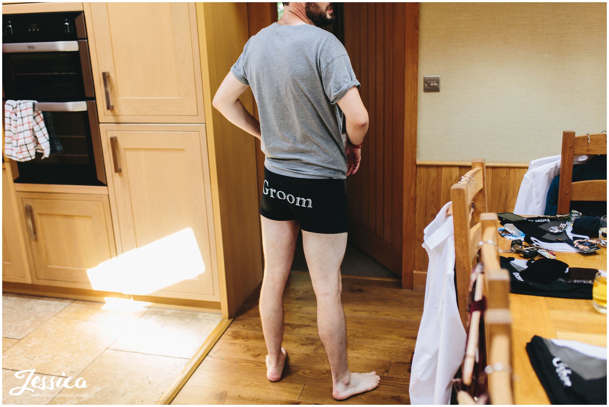 groom wears 'groom' boxers for his big day