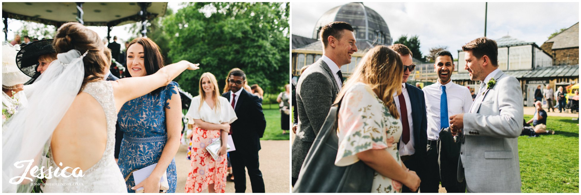 guests enjoy the outdoor wedding reception at buxton pavilion gardens