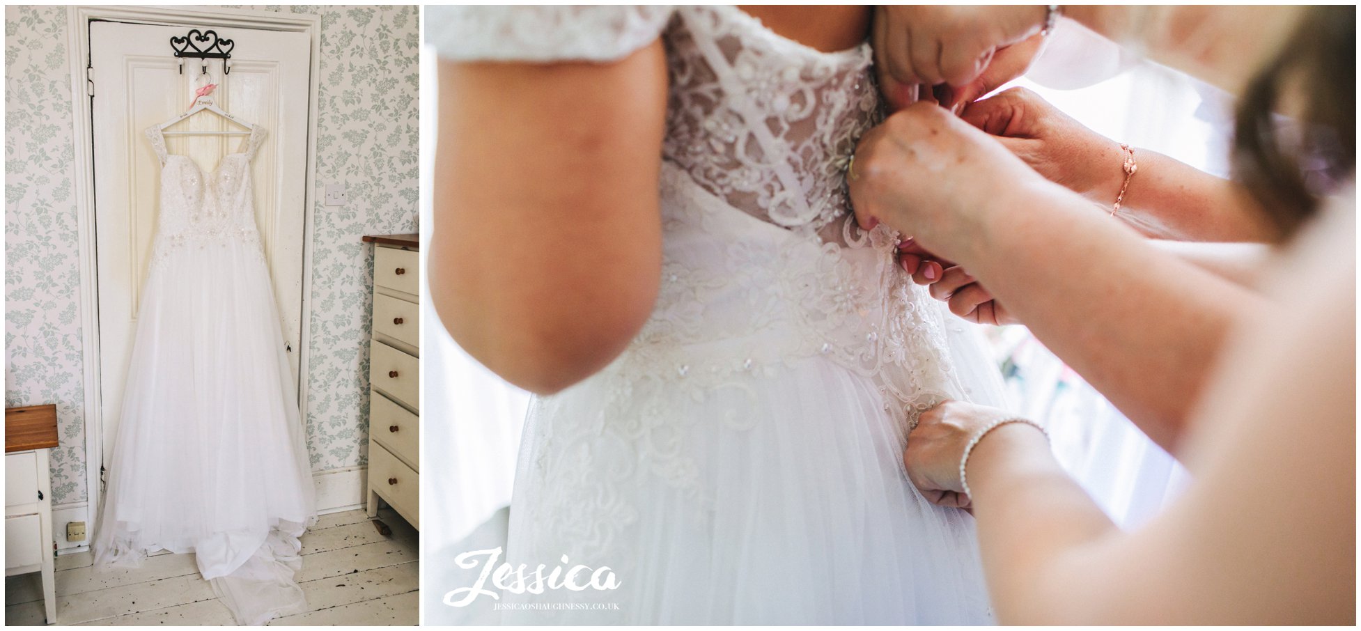 the brides family fasten the wedding dress buttons