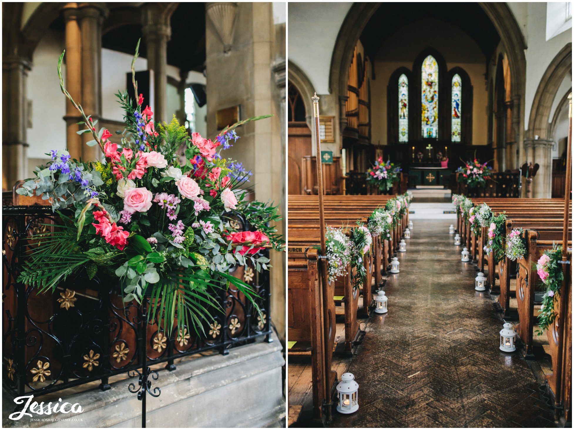 brighly coloured flowers decorate the church 
