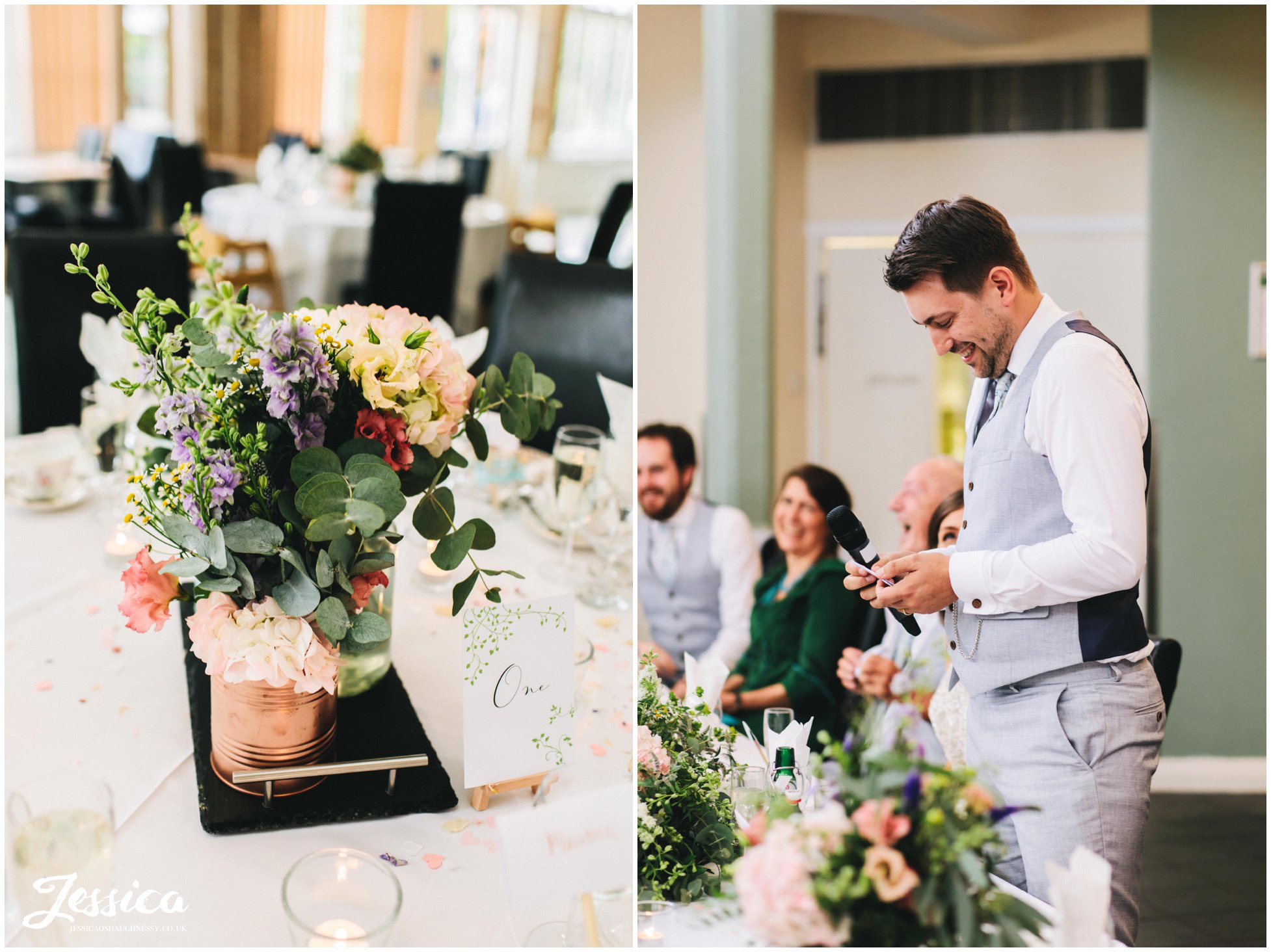 flowers decorate the tables whilst guests enjoy the speeches