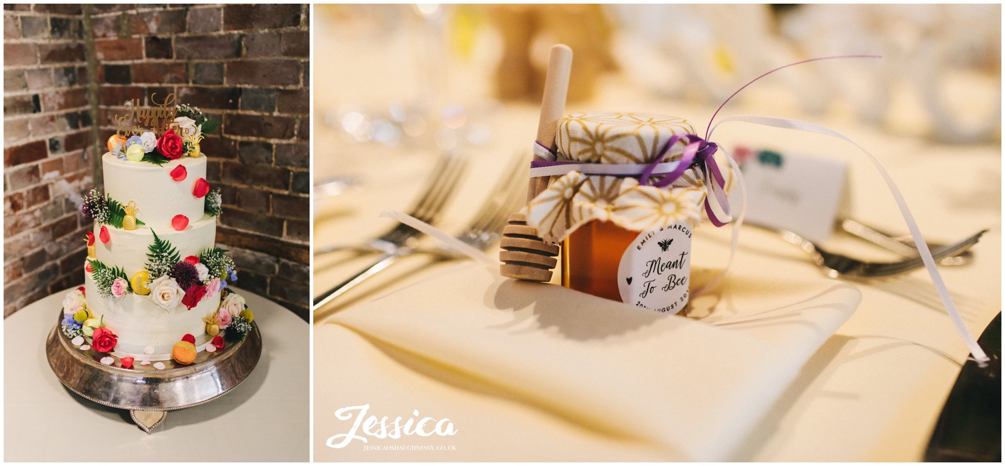 pots of honey on the tables for wedding favours