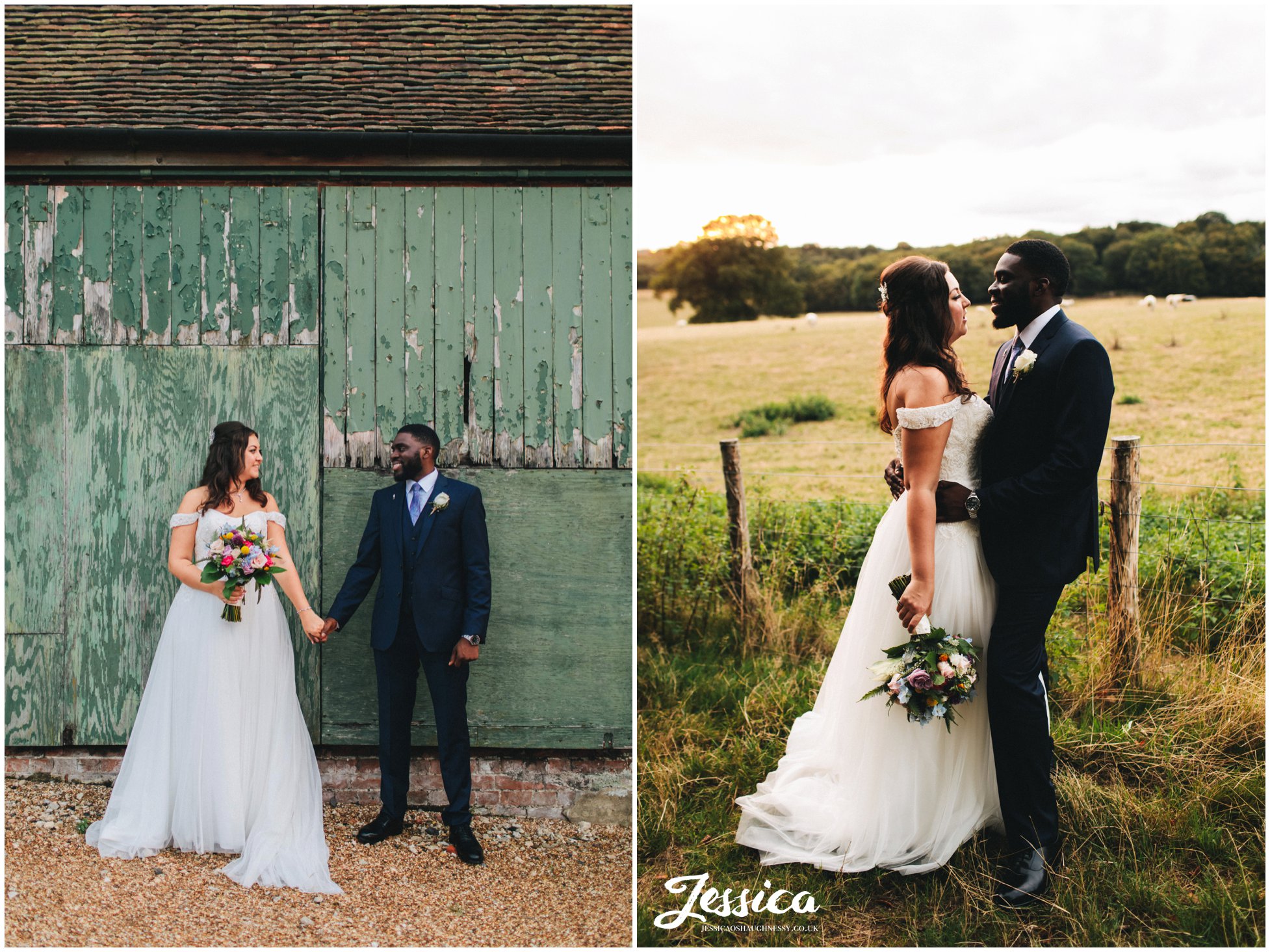 the couple stand against a rustic barn door