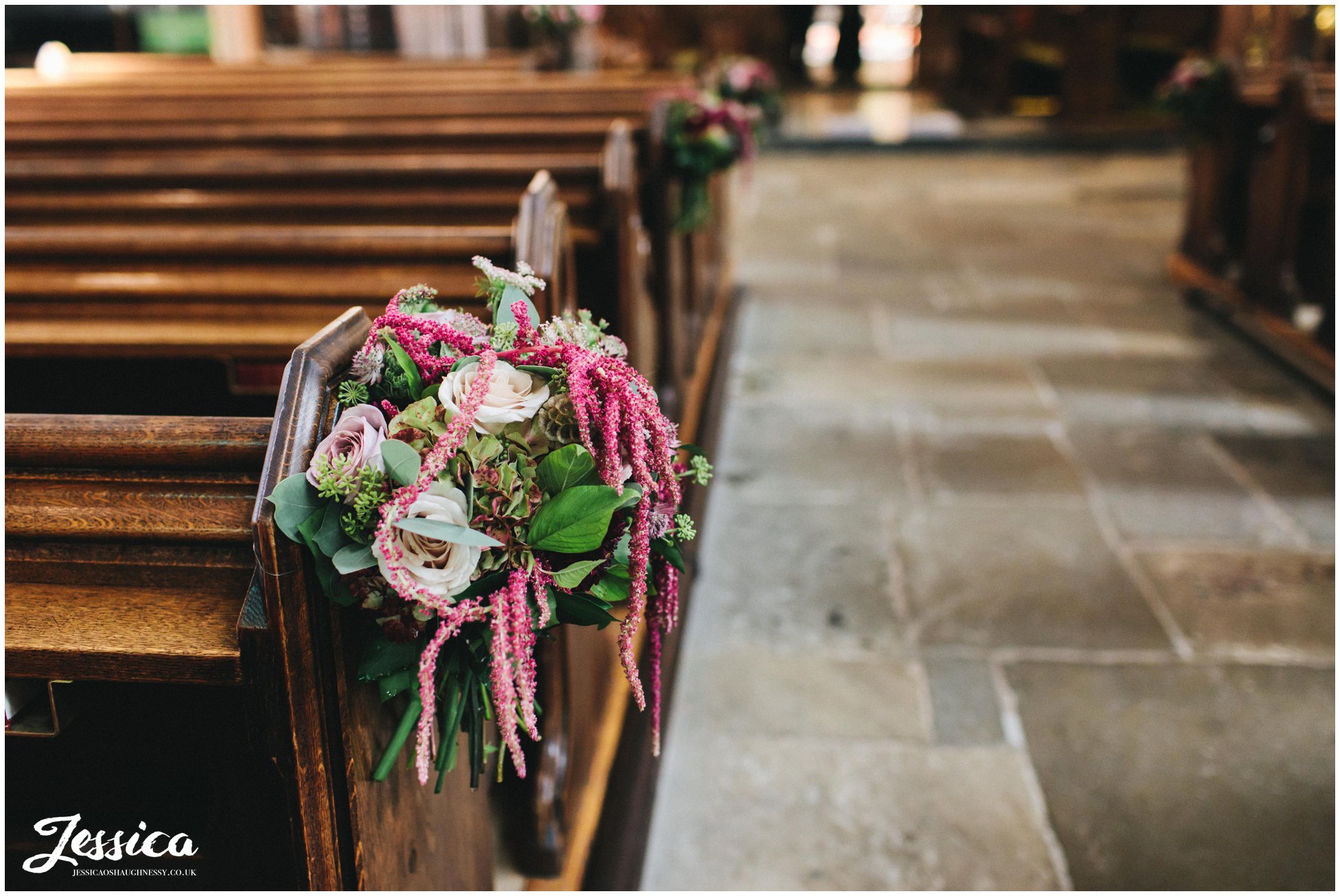 Floral bouquets decorate the church