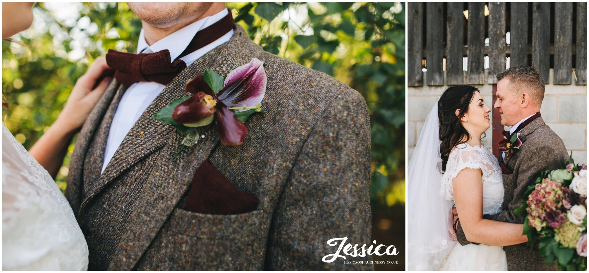 the groom wears a orchard button hole