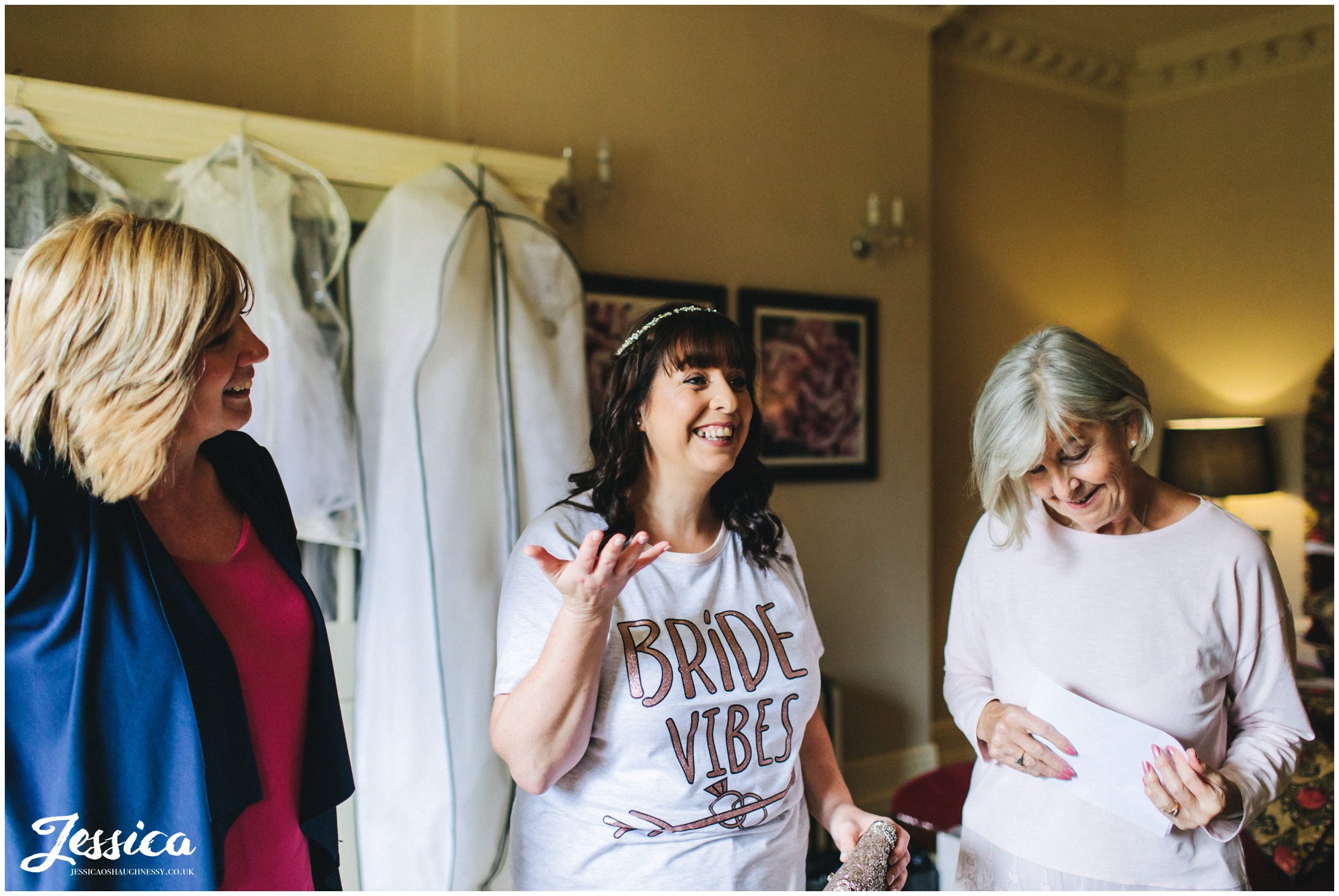 the bride wears bride vibes t-shirt on her wedding morning