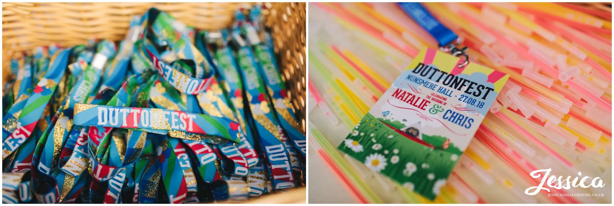 wrist bands and glow sticks are ready for the festival wedding reception