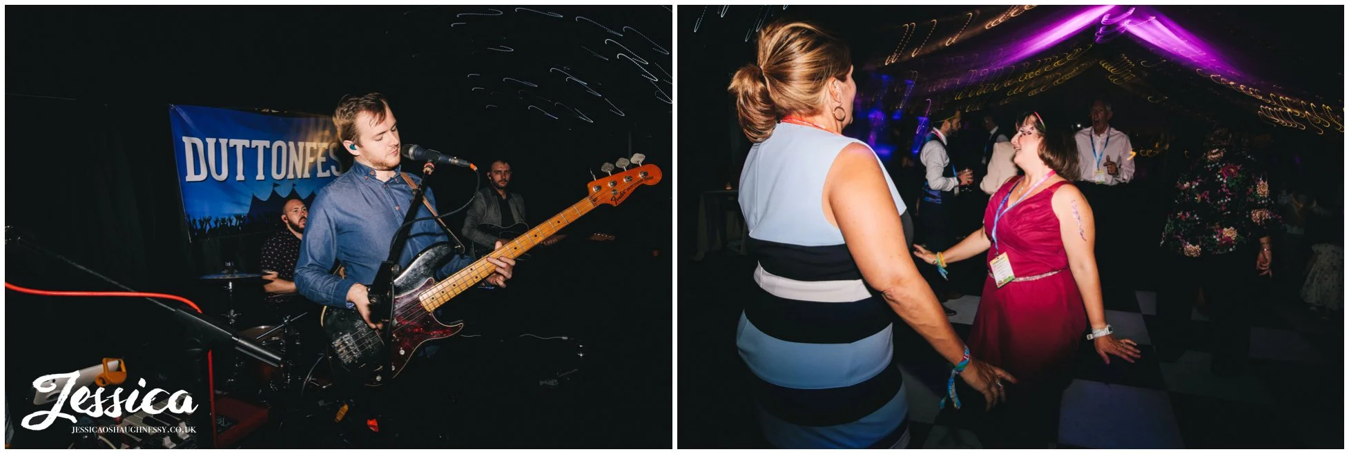 a band plays to the guests at the festival wedding reception