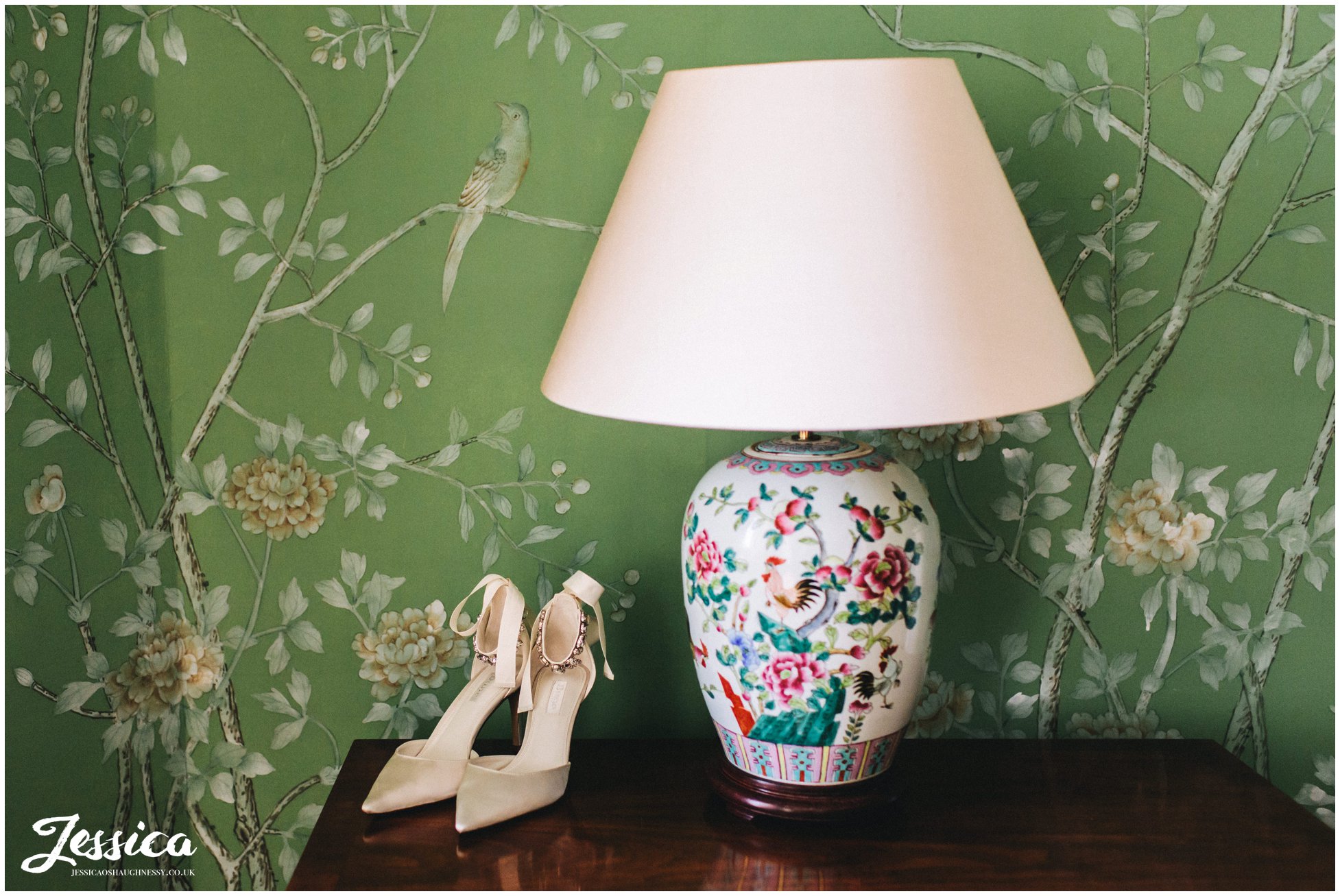 the brides shoes in the bridal suite at stubton hall