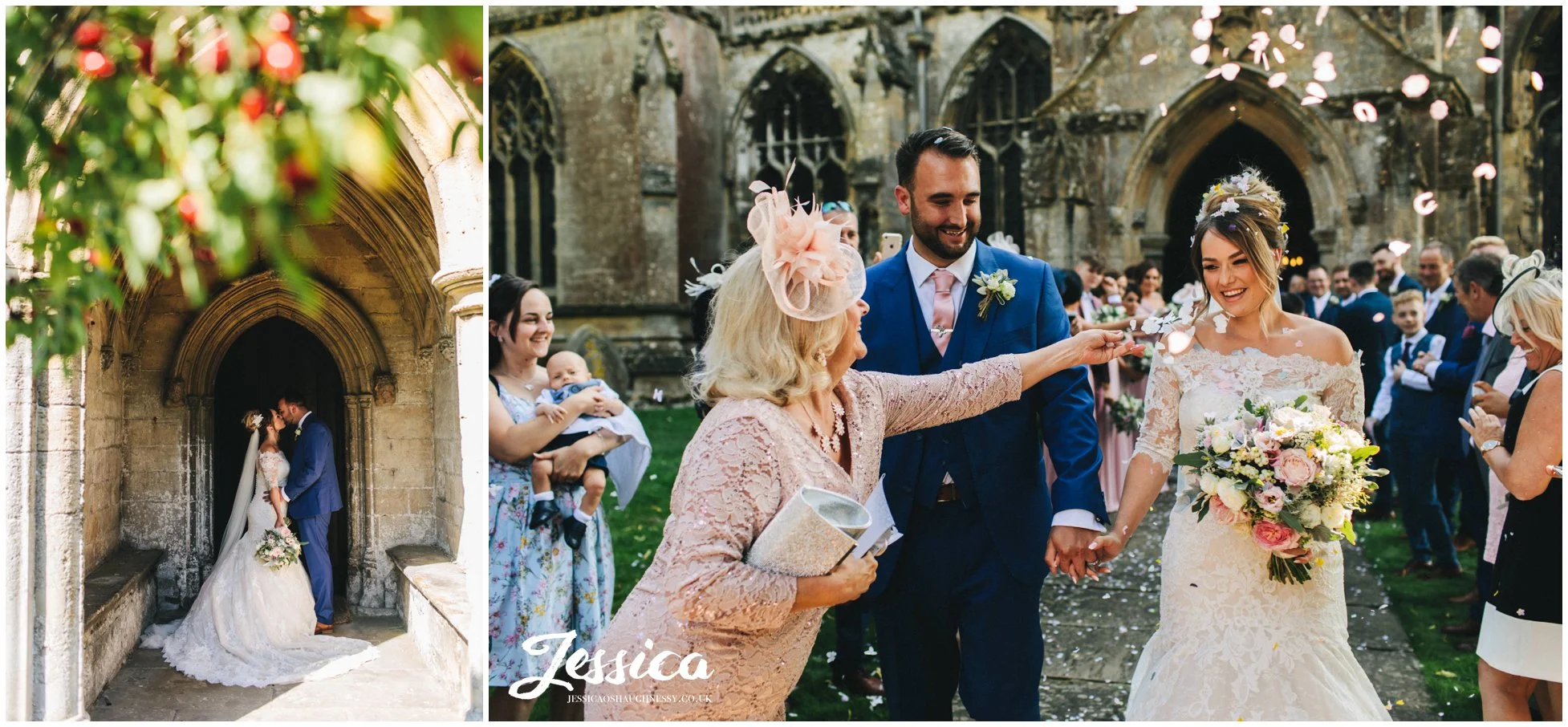 the newly wed's kiss under the church arches