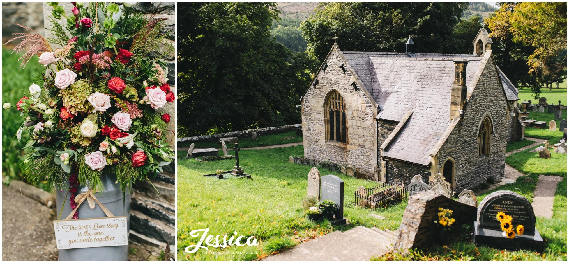 rustic flowers in milk pails decorate the church grounds