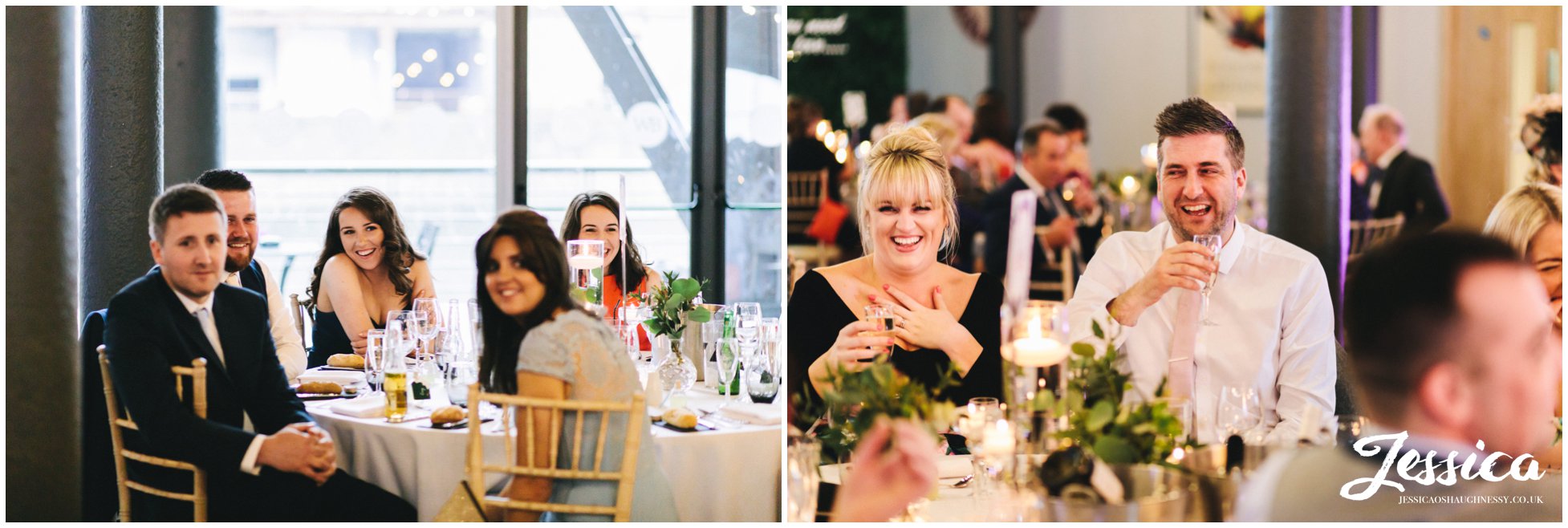 the guests laugh during the grooms speech