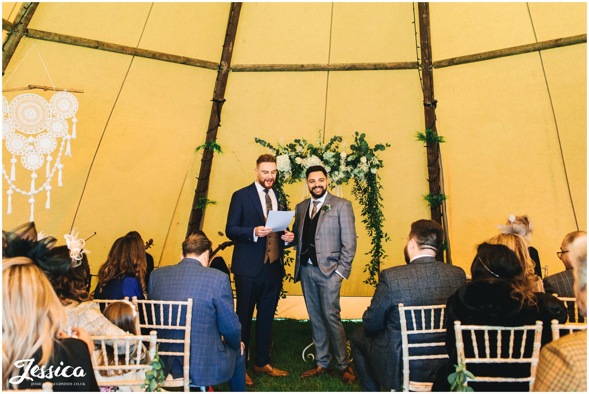 The grooms give speeches during their tipi ceremony
