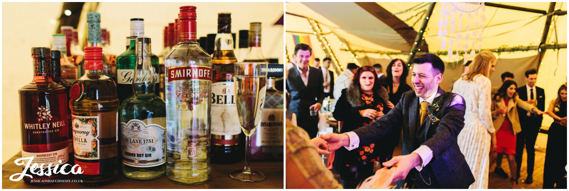 bottles of spirits line the DIY bar