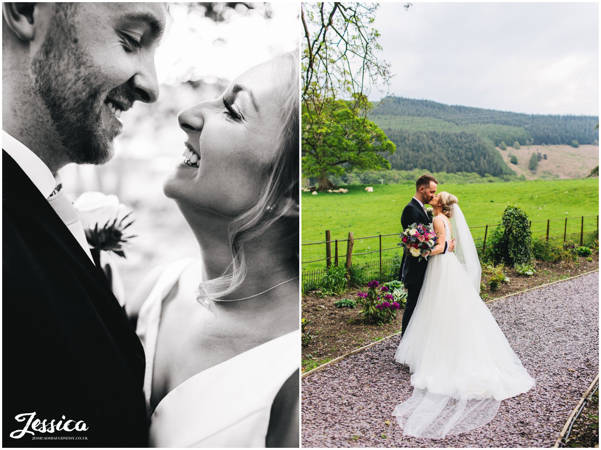 bride & groom stand in front of the welsh countryside