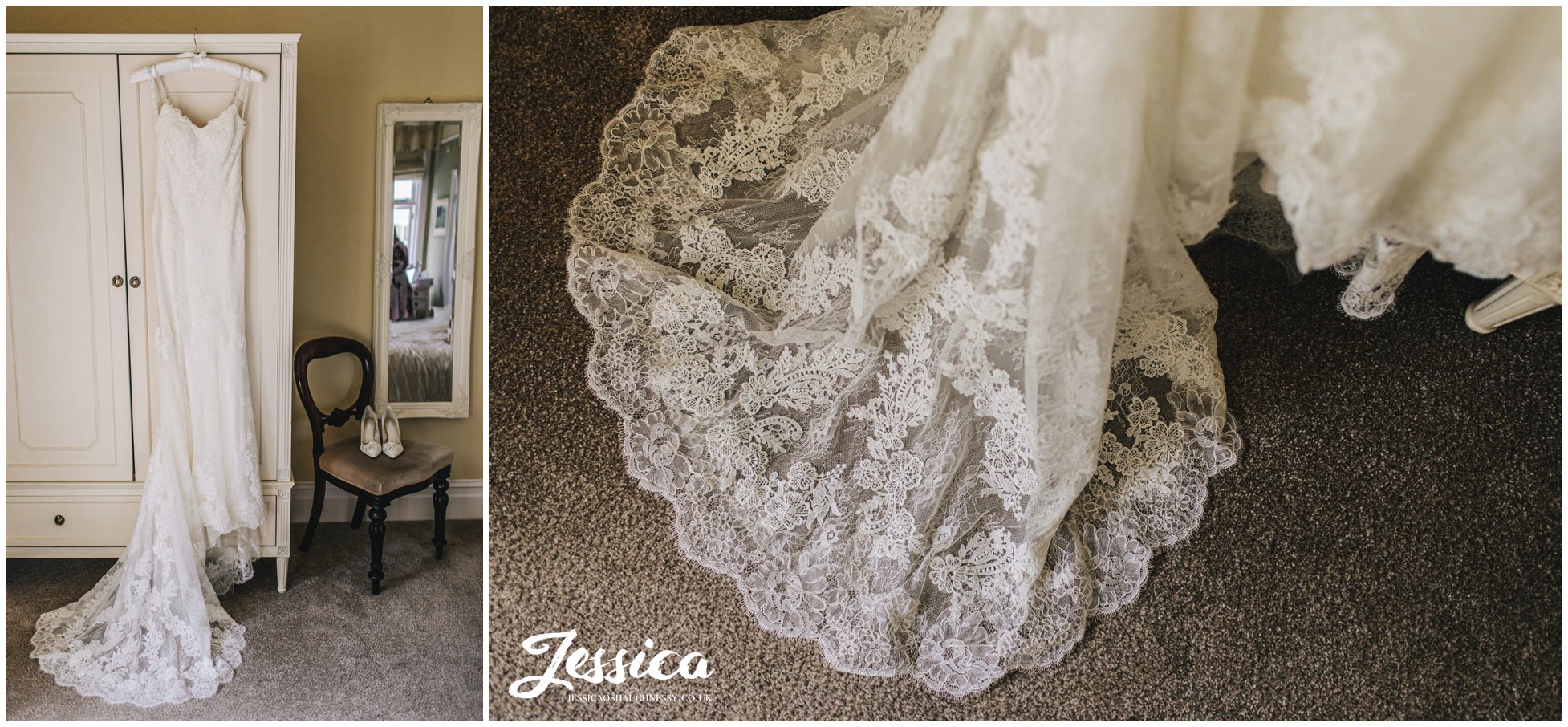wedding dress hanging in mere brook house