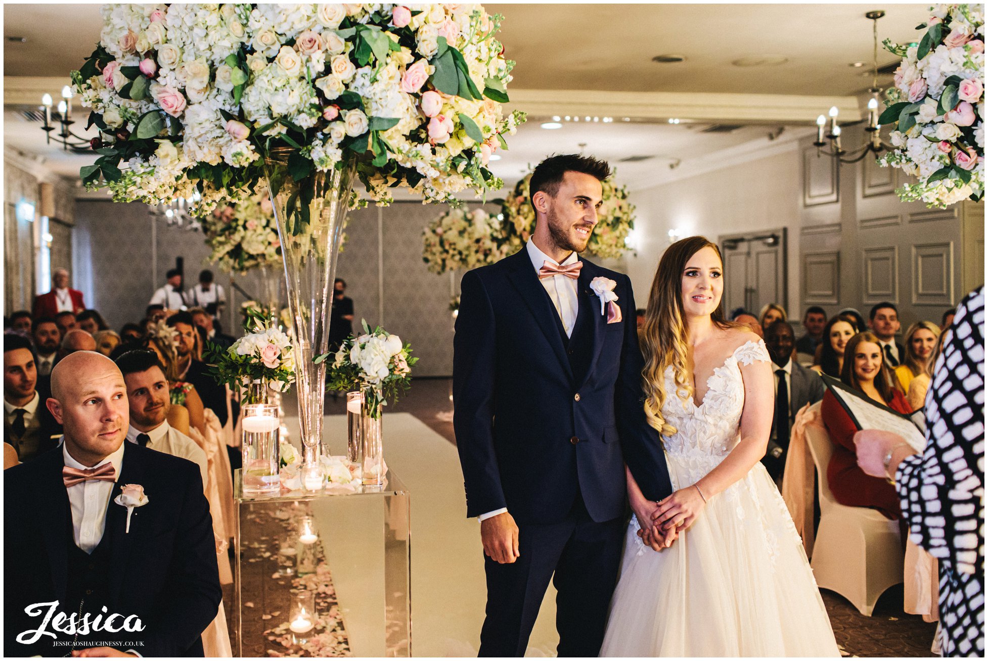 the wedding ceremony takes place at mottram hall in cheshire