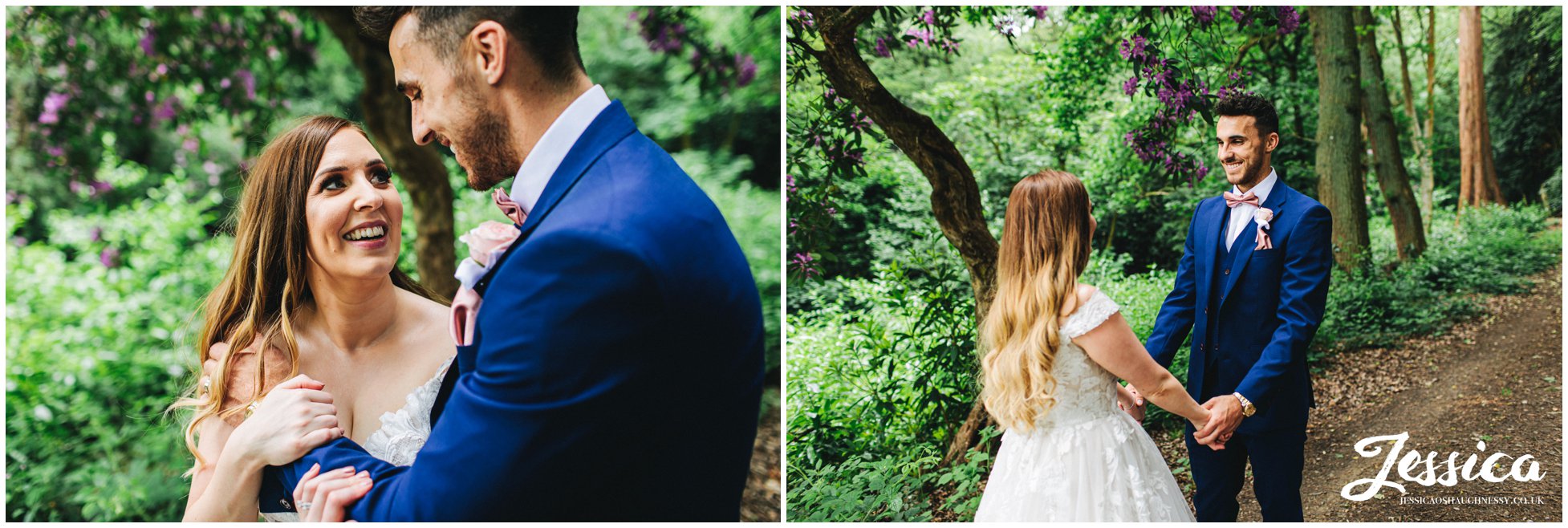 the bride and groom have their portraits taken in the woods