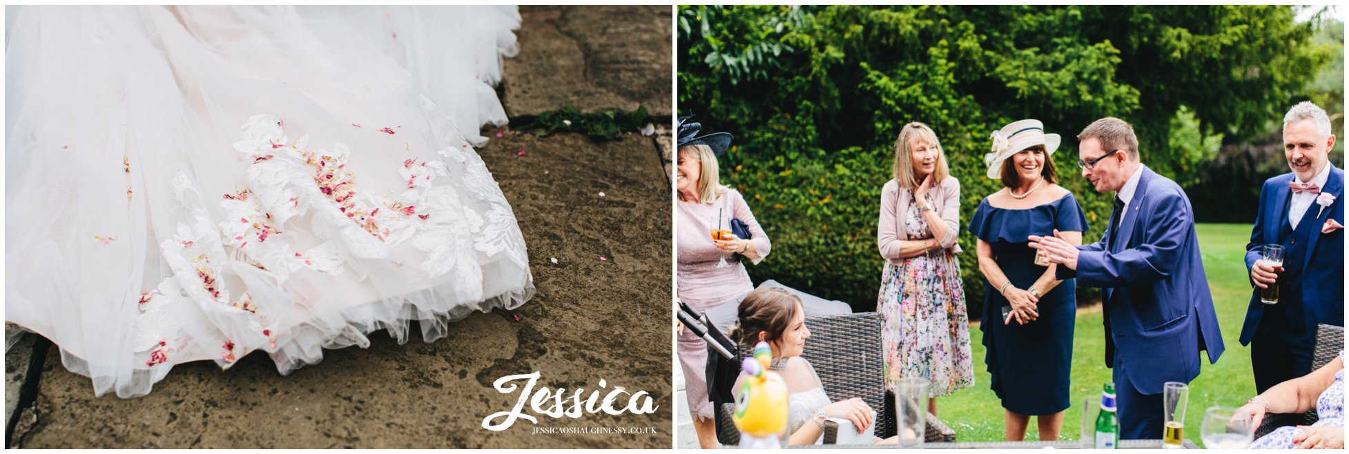 bride's dress is covered in confetti