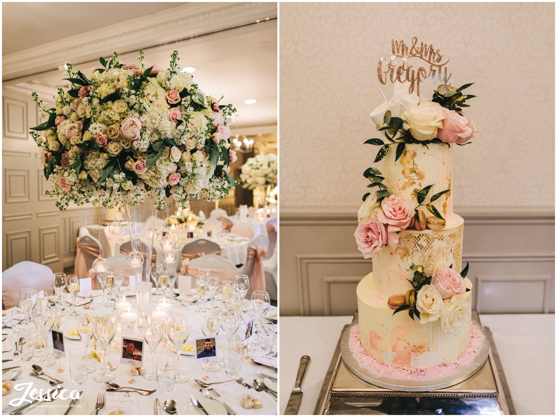 wedding cake &amp; flowers decorate the tables for the wedding breakfast