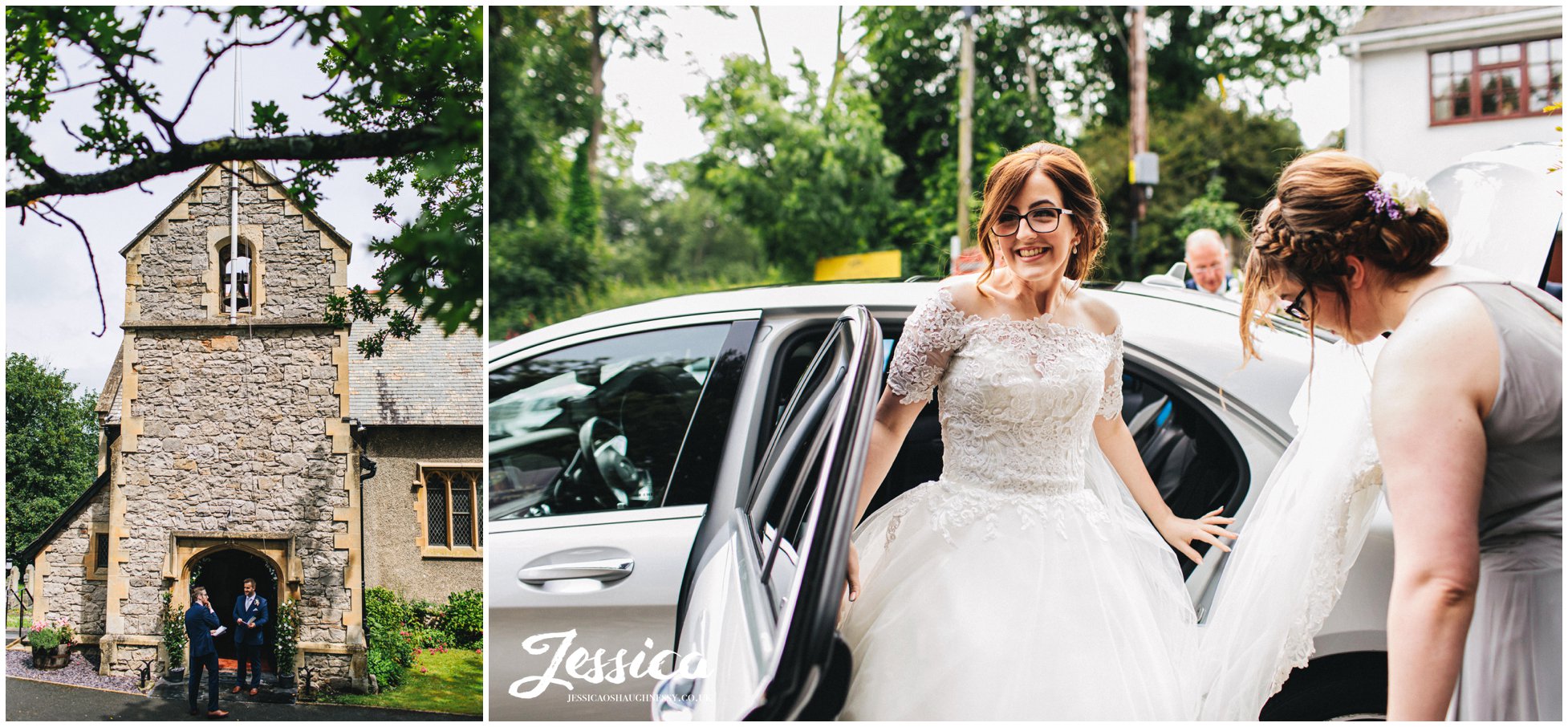 bride arrives at quaint welsh church