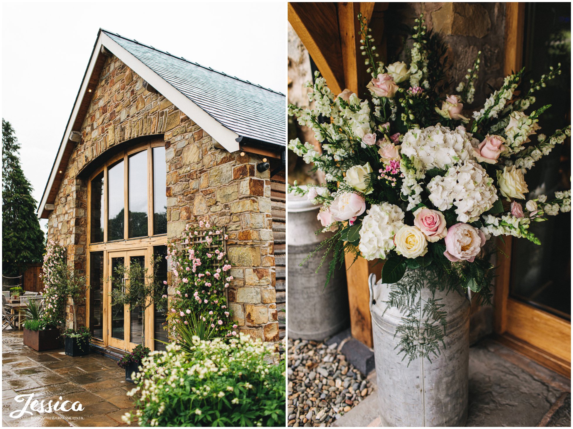 flowers decorate the barn wedding venue