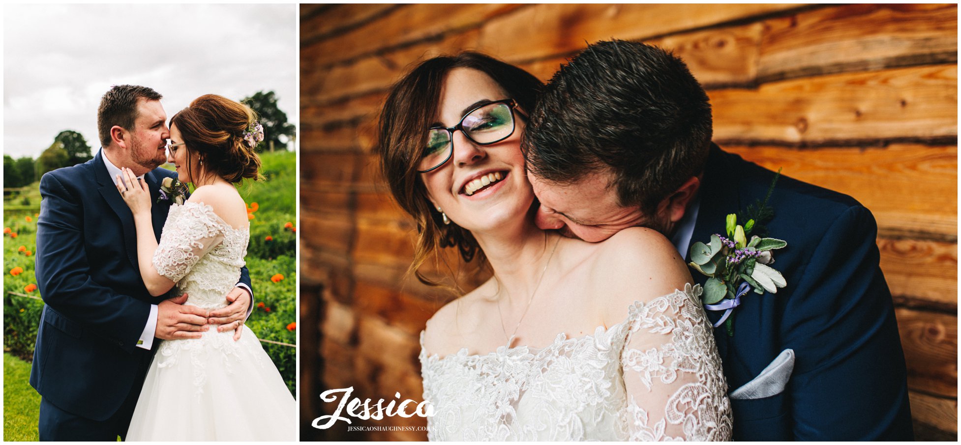 newly wed's laugh together under the shelter of the bridge