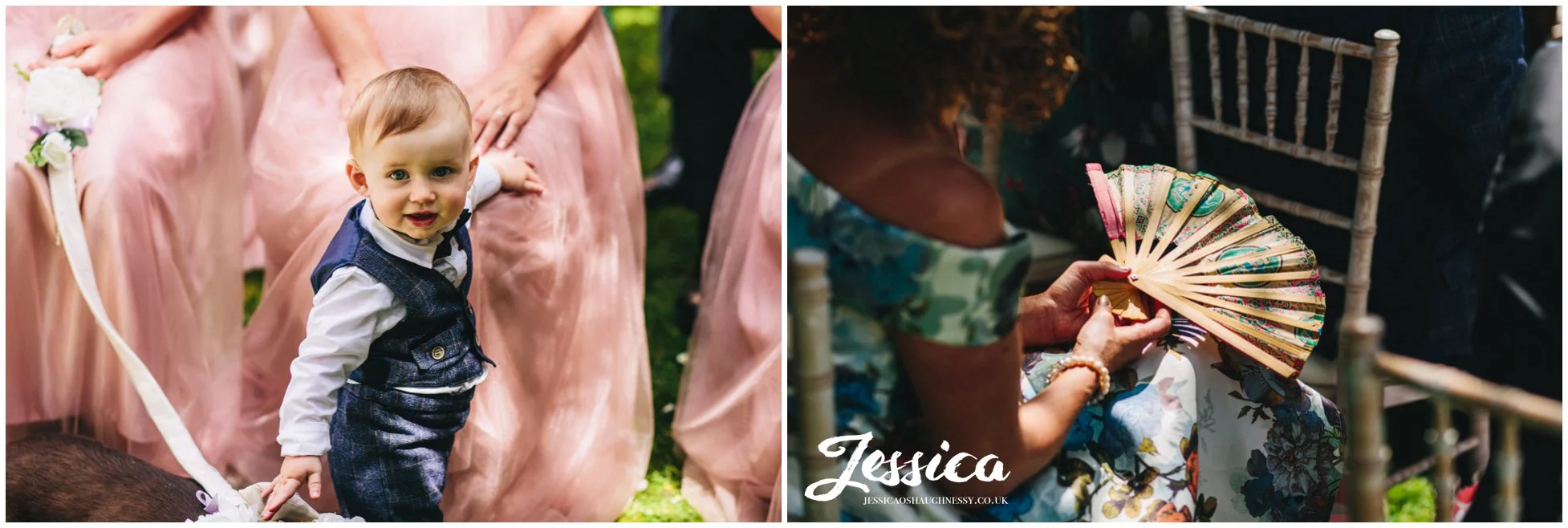 guests use fans in the sunny garden ceremony