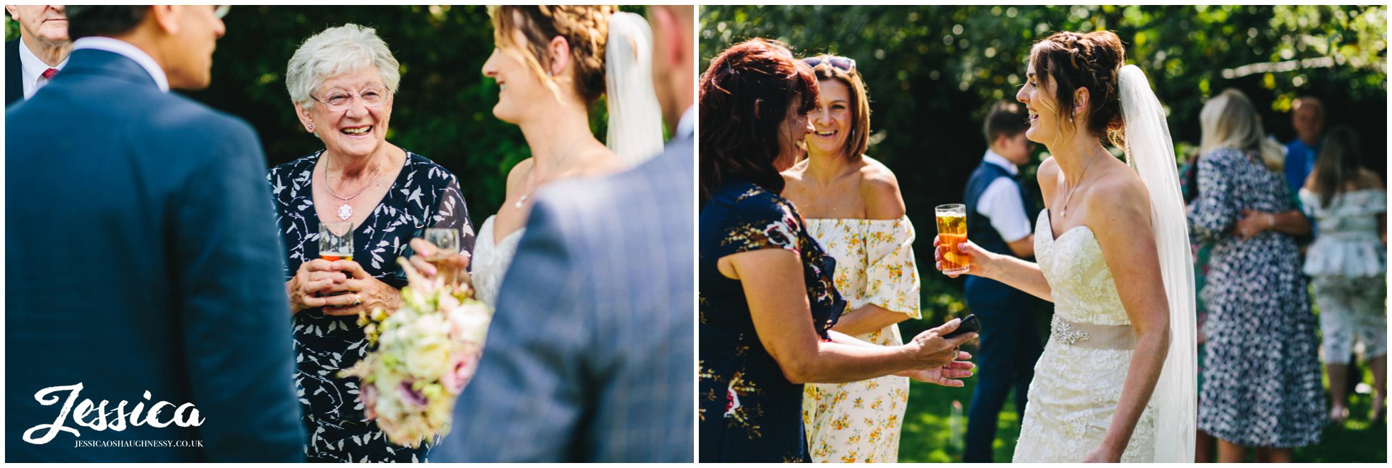 bride greets her guests during the reception at eyam hall in derbyshire