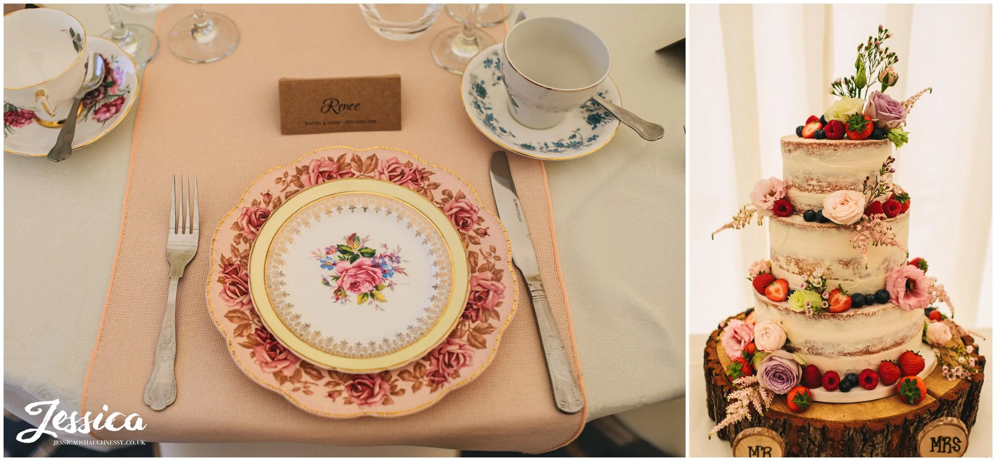vintage china & a naked cake decorated the marquee for the wedding breakfast