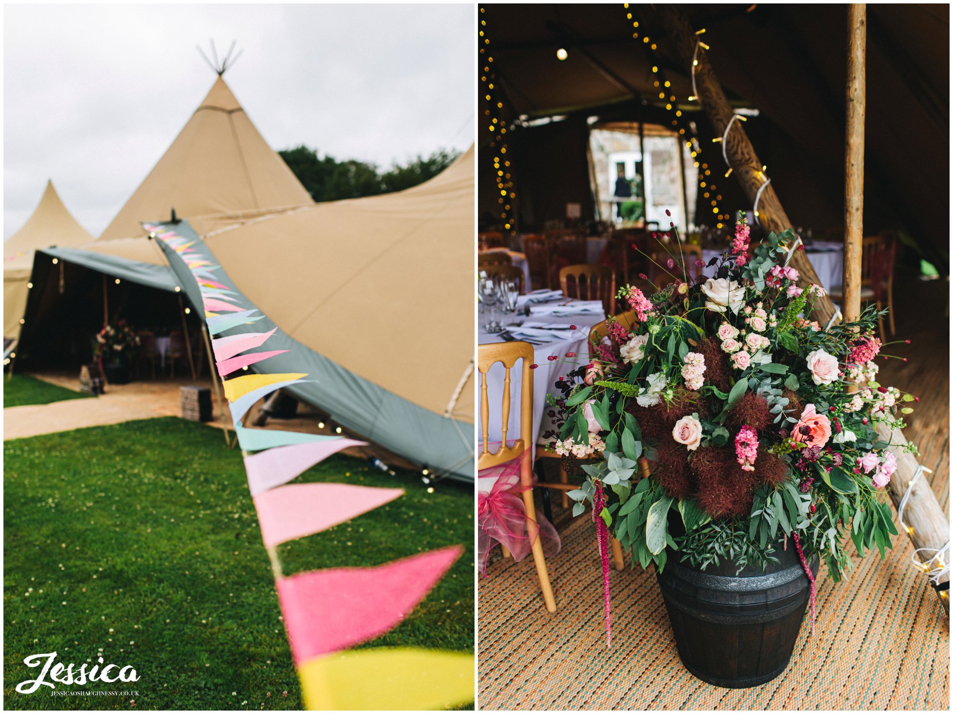 bunting and flowers decorate the wedding tipi in north wales