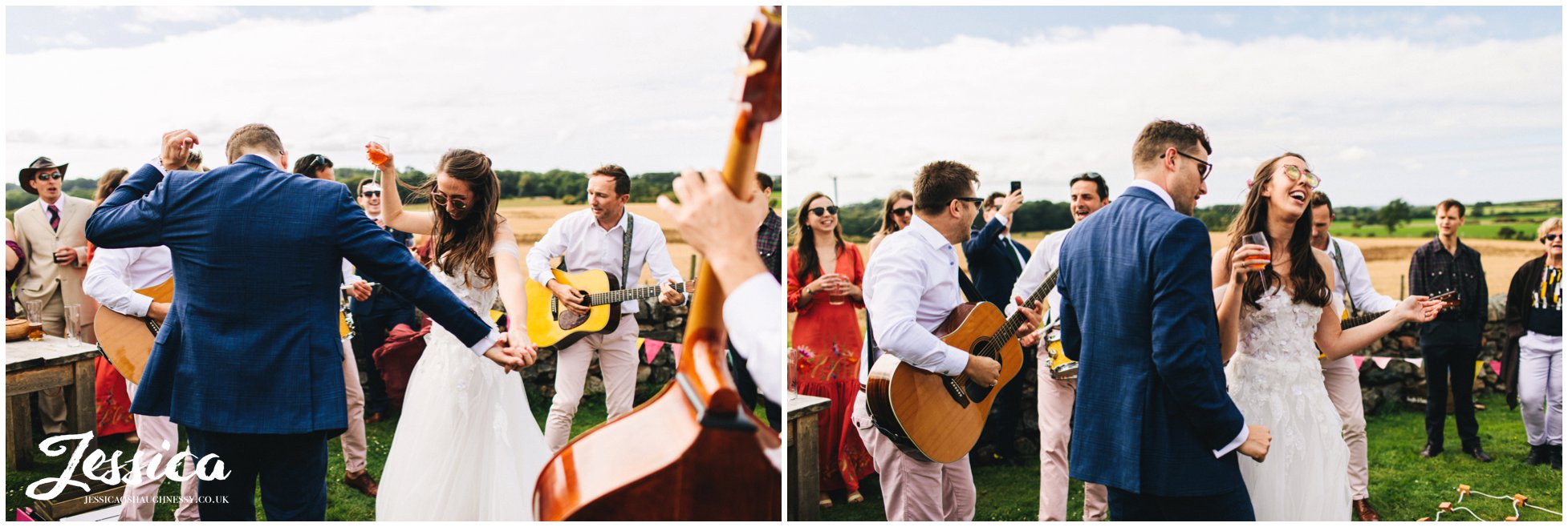 bride &amp; groom dance to the band at the north wales wedding